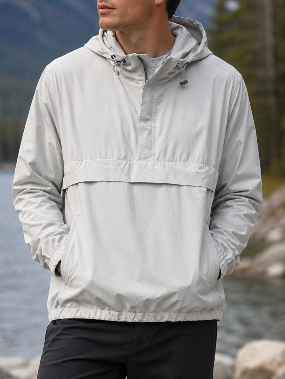 Theory Men’s Hevel Light Hooded Anorak Pullover Jacket in Light Grey Medium